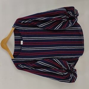 CAbi pullover blouse 5516 M blue red white stripe lightweight elastic sleeve